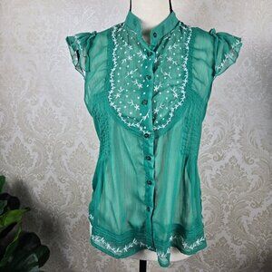 Mustard Seed by Do&Be Sz Large Green Blouse Embroidered Sheer Cap Sleeve Ruffles